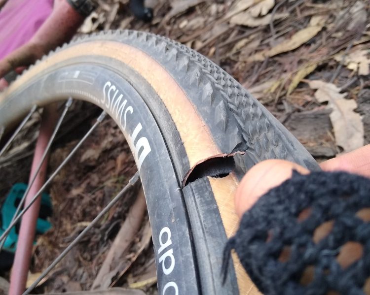Gravel bike tire with impressive rip in the sidewall
